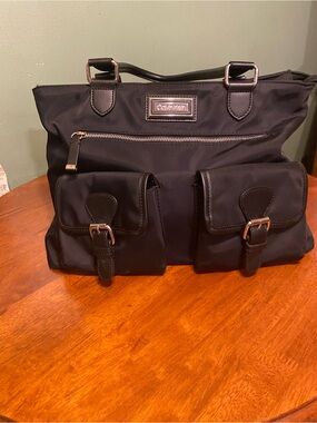 Calvin Klein Black Nylon Messenger Tote with Front Buckle Pockets